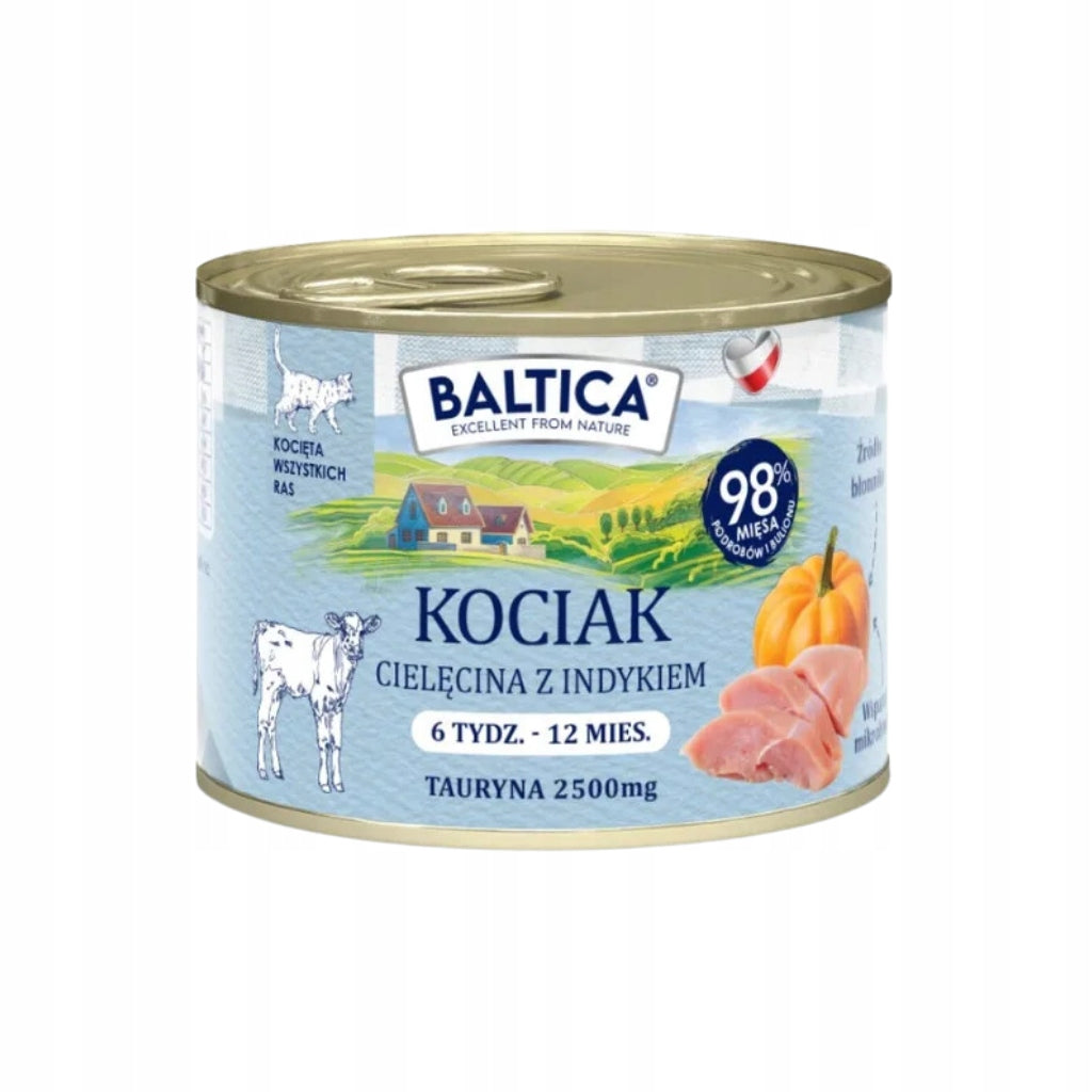 Baltica karma mokra dla kociąt bezzbożowa, cielęcina z indykiem – zestaw 6 x 185 g