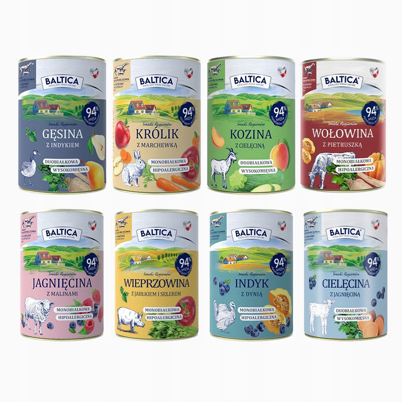 BALTICA Karma mokra dla psa bezzbożowa 8 x 400 g – hipoalergiczna, monobiałkowa, mix smaków