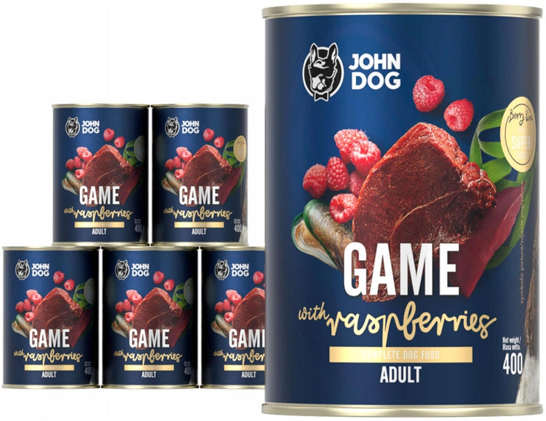 John Dog Berry Line mokra karma dla psa dzik z malinami 6x400 g – bezzbożowa, bez kurczaka