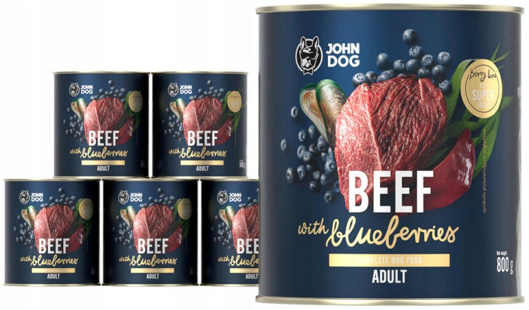 Berry Line John Dog mokra karma dla psa bezzbożowa, bez kurczaka 6x800 g – wołowina z borówkami