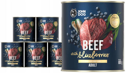 Berry Line John Dog mokra karma dla psa bezzbożowa, bez kurczaka 6x800 g – wołowina z borówkami