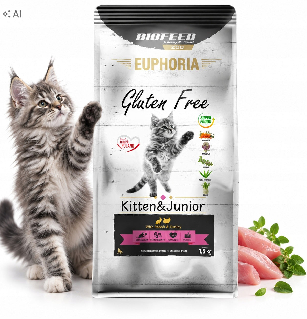 Euphoria Junior sucha karma dla kociąt 1,5 kg bezzbożowa z indykiem i królikiem