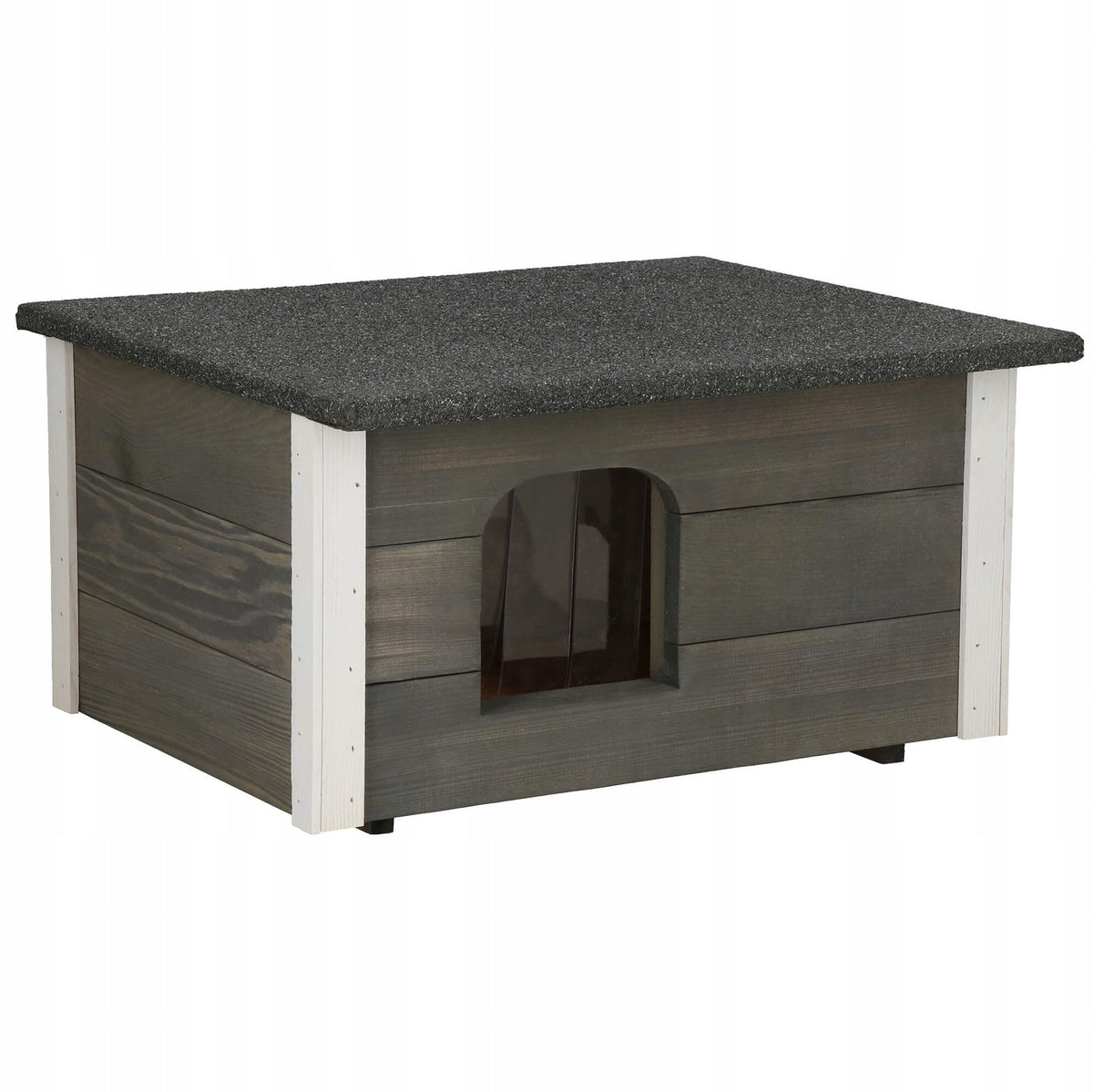 Springos Buda dla psa i kota ocieplana 54 x 39 x 30 cm, drewniana z kurtyną – szara