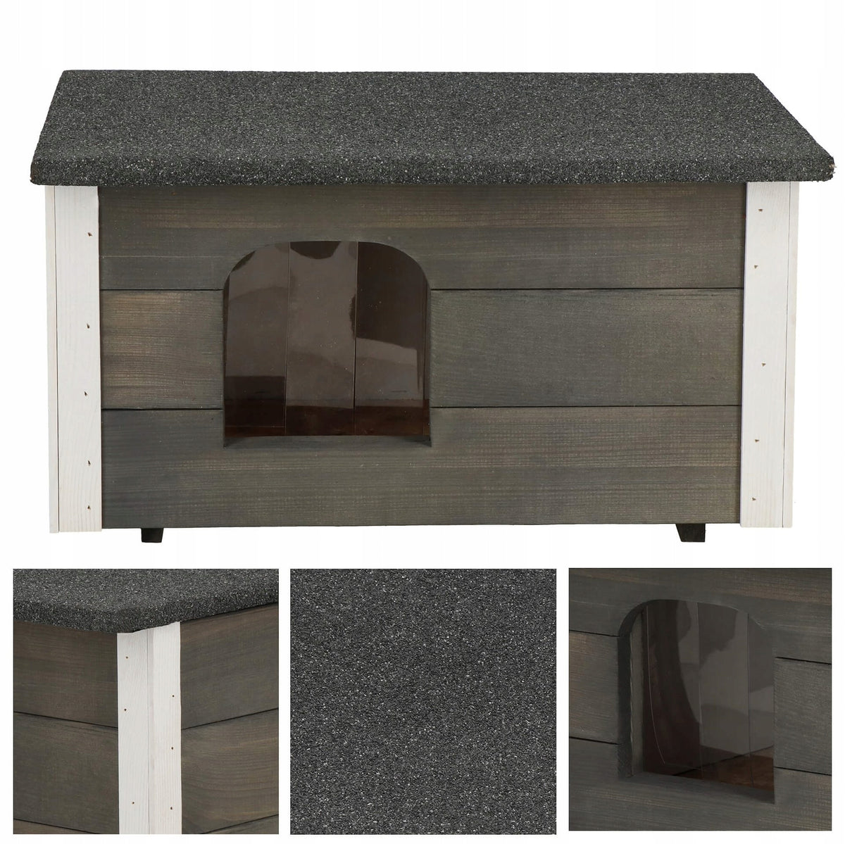 Springos Buda dla psa i kota ocieplana 54 x 39 x 30 cm, drewniana z kurtyną – szara