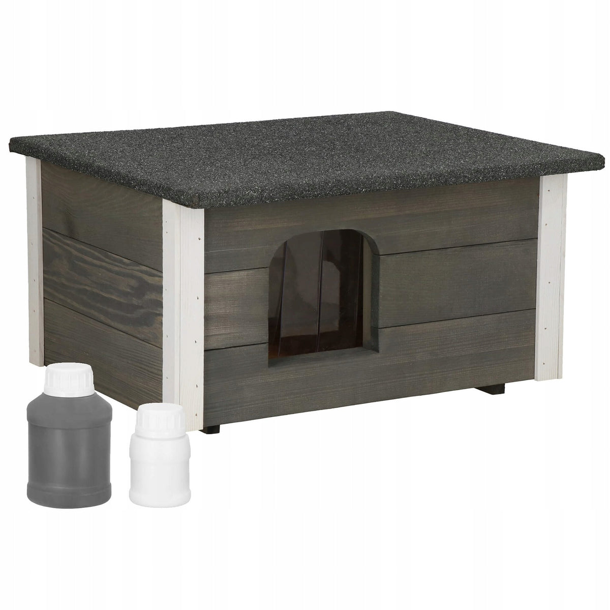 Springos Buda dla psa i kota ocieplana 54 x 39 x 30 cm, drewniana z kurtyną – szara
