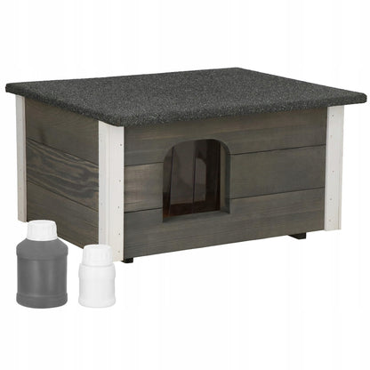 Springos Buda dla psa i kota ocieplana 54 x 39 x 30 cm, drewniana z kurtyną – szara