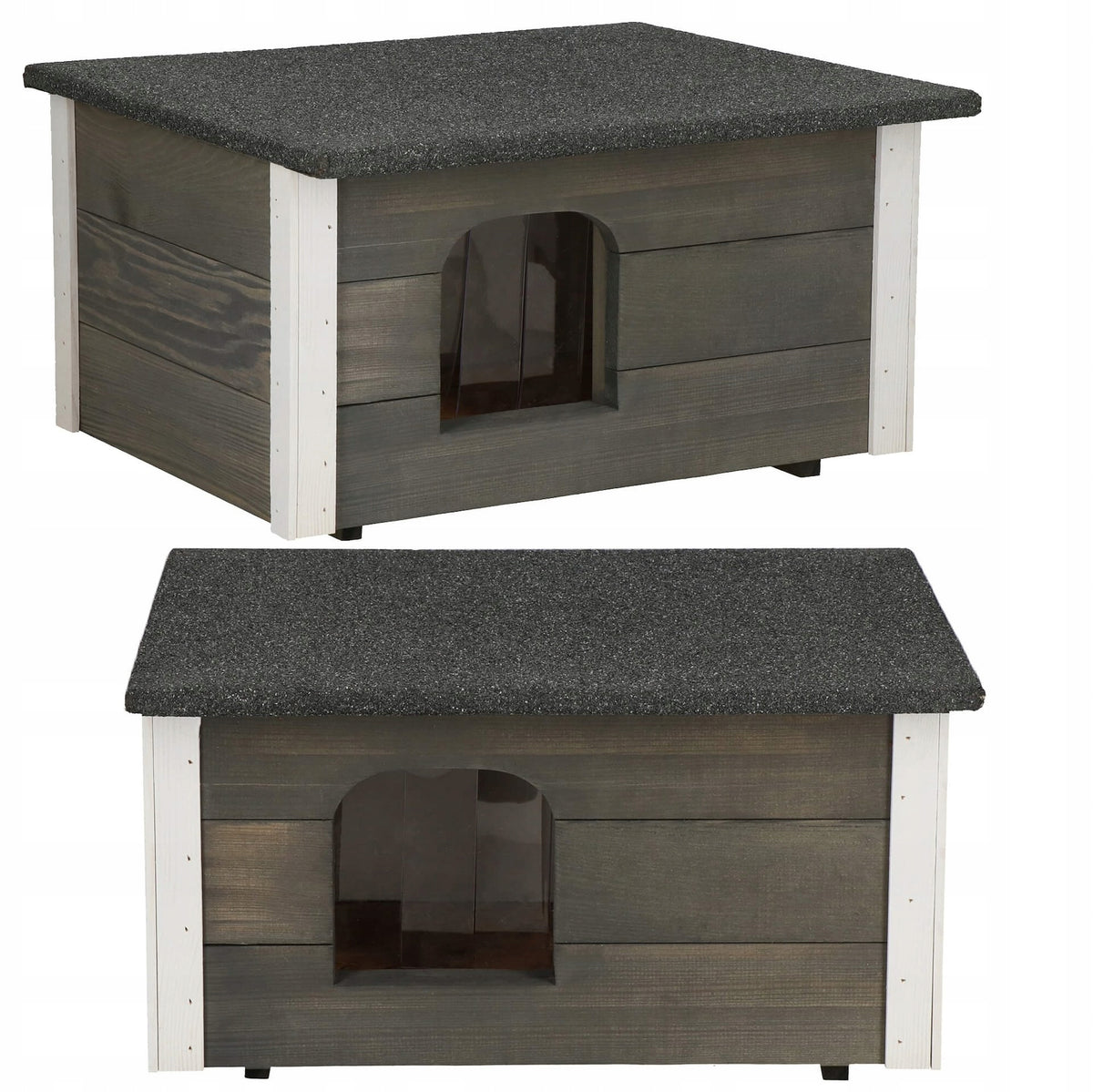 Springos Buda dla psa i kota ocieplana 54 x 39 x 30 cm, drewniana z kurtyną – szara