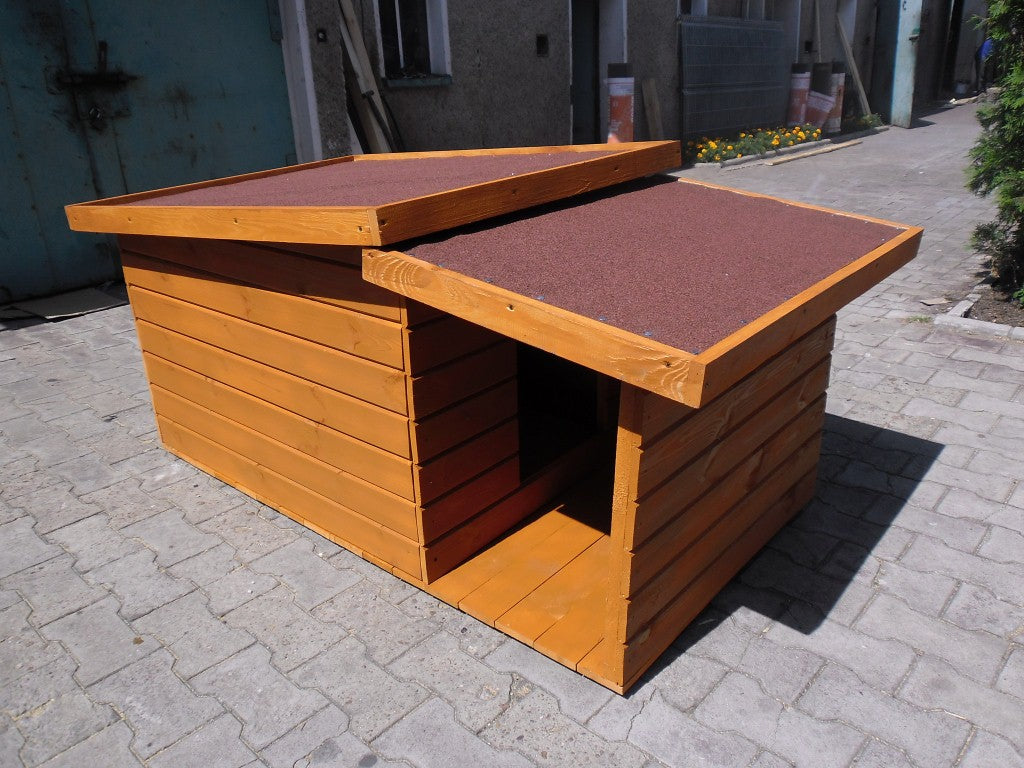Buda dla psa ocieplana XXL z przedsionkiem, drewno sosnowe, otwierany dach – dla dużego psa