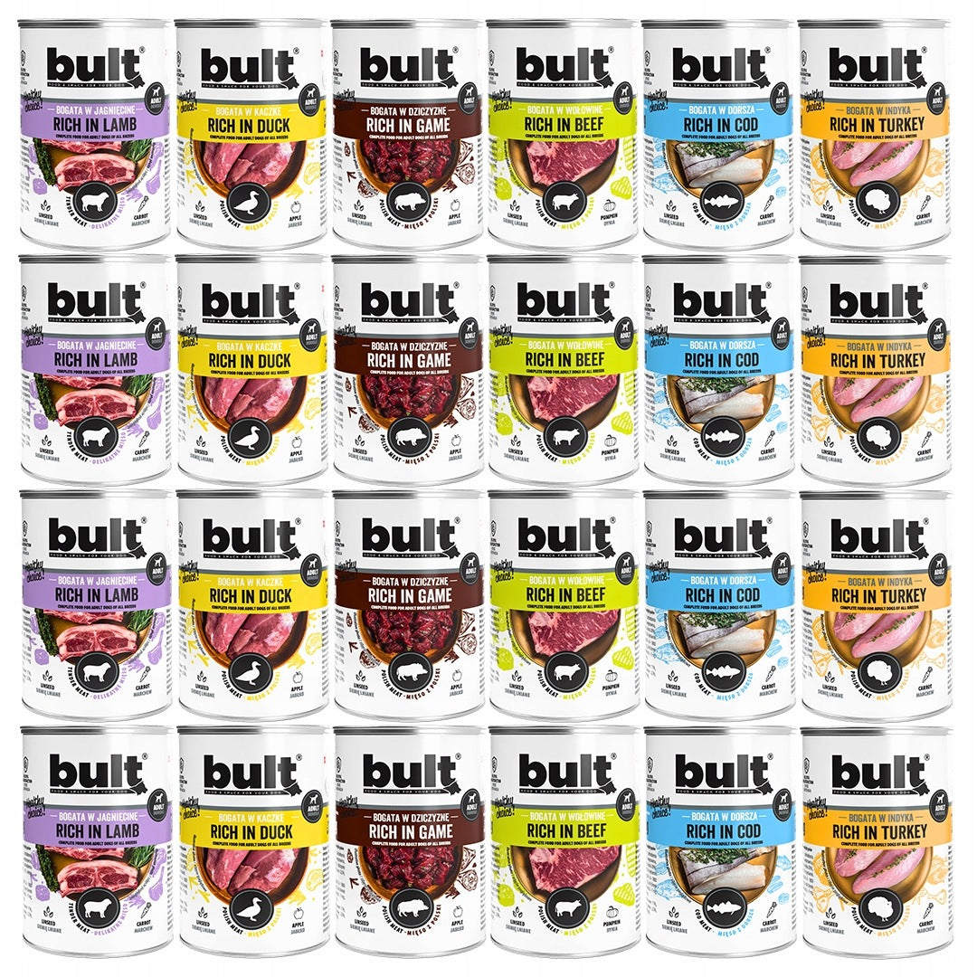 BULT Mokra karma dla psa bezzbożowa w puszkach 24 x 400 g – mix 6 smaków