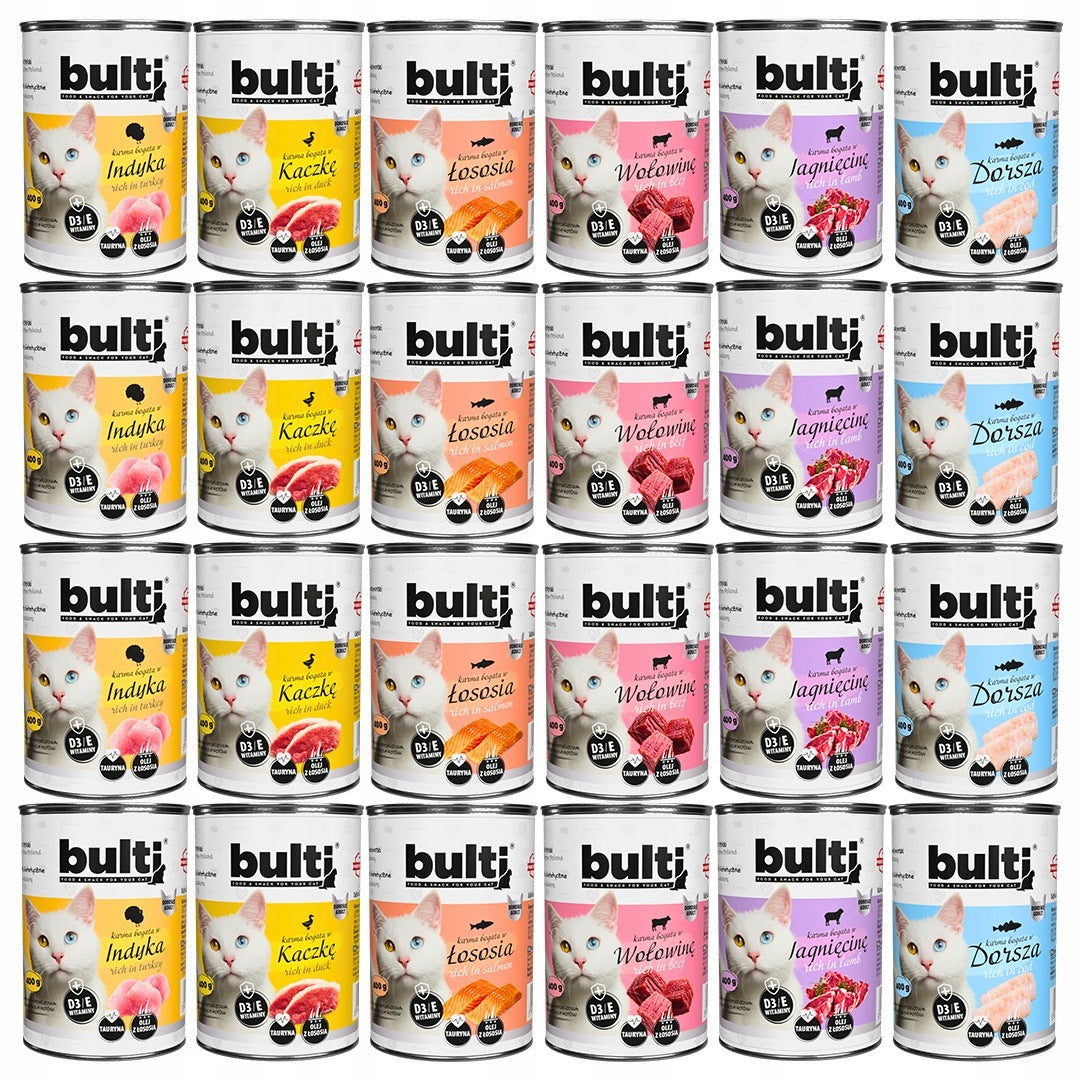 Bulti Mokra karma dla kota bezzbożowa w puszkach 24 x 400 g – mix 6 smaków
