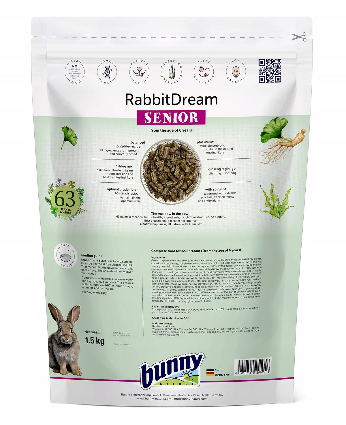 Bunny Nature Rabbit Dream Senior karma dla królika 1,5 kg – granulat z prebiotykiem i ziołami