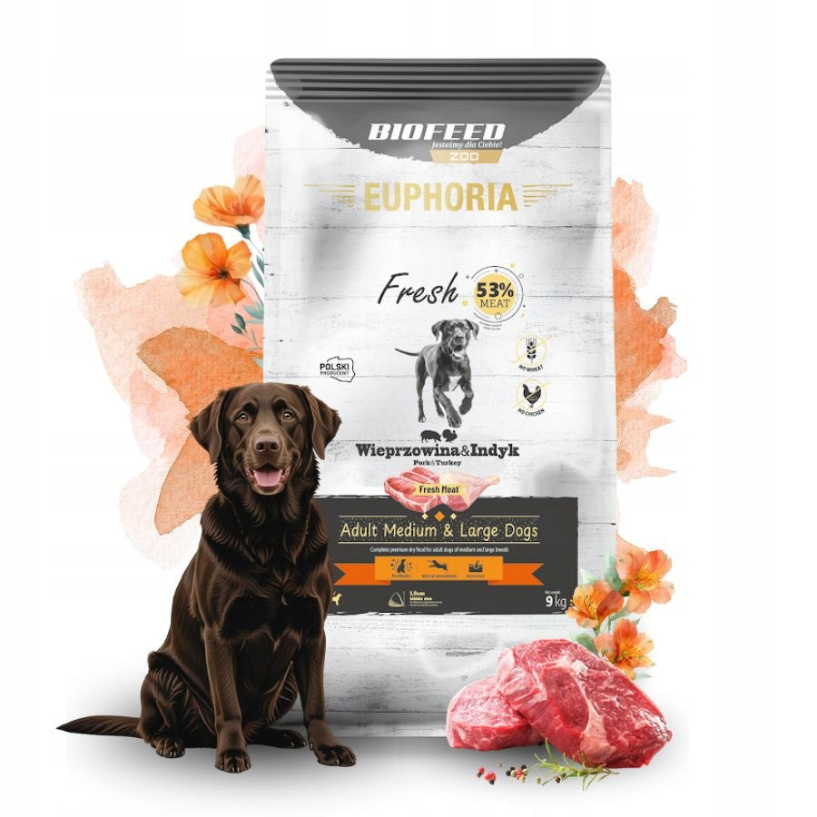 BioFeed Euphoria sucha karma dla psa 9 kg z wieprzowiną i indykiem – rasy średnie i duże