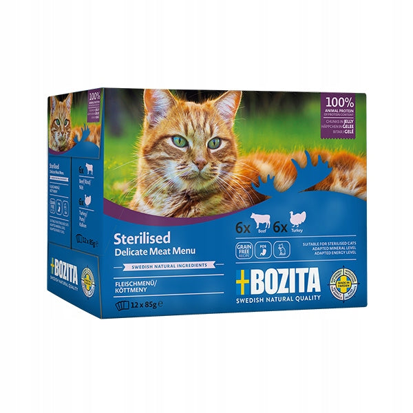 Bozita mokra karma dla kota sterylizowanego 12x85 g w galarecie, bez zbóż – indyk i wołowina