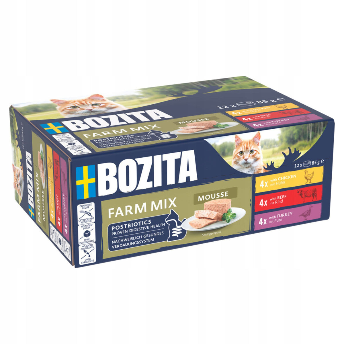 Bozita mokra karma dla kota mus w puszkach 12x85 g bez zbóż – mix smaków z farmy