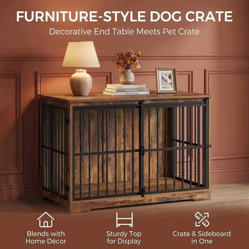 Fobyfurny Klatka dla psa w stylu vintage 119,5 cm, drewno i stal, dla dużych ras – brązowa