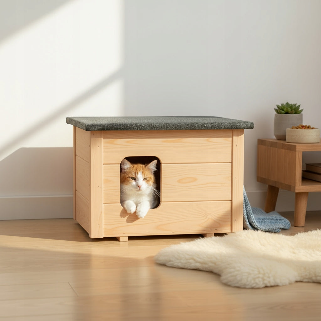 Ocieplana budka dla kota 57 x 47 x 48 cm z drewna świerkowego, wodoodporna – niemalowana