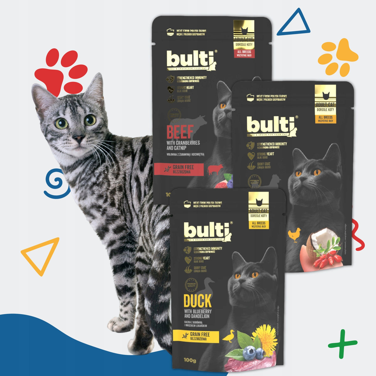 Bulti Superfoods mokra karma dla kota bezzbożowa 30 x 100 g – mix smaków kaczka, kurczak, wołowina