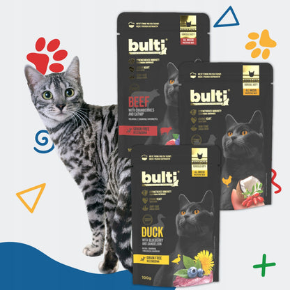 Bulti Superfoods mokra karma dla kota bezzbożowa 30 x 100 g – mix smaków kaczka, kurczak, wołowina