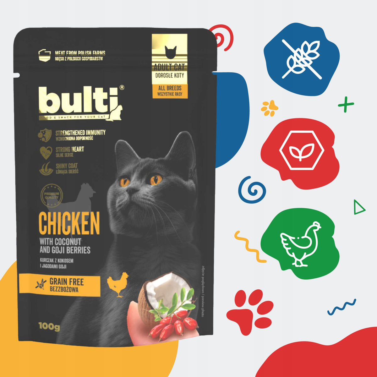 Bulti Superfoods mokra karma dla kota bezzbożowa 30 x 100 g – mix smaków kaczka, kurczak, wołowina