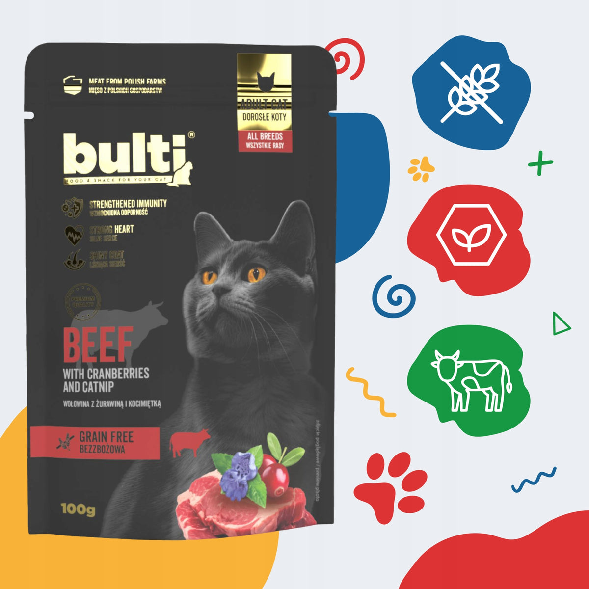Bulti Superfoods mokra karma dla kota bezzbożowa 30 x 100 g – mix smaków kaczka, kurczak, wołowina