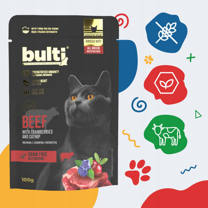 Bulti Superfoods mokra karma dla kota bezzbożowa 30 x 100 g – mix smaków kaczka, kurczak, wołowina