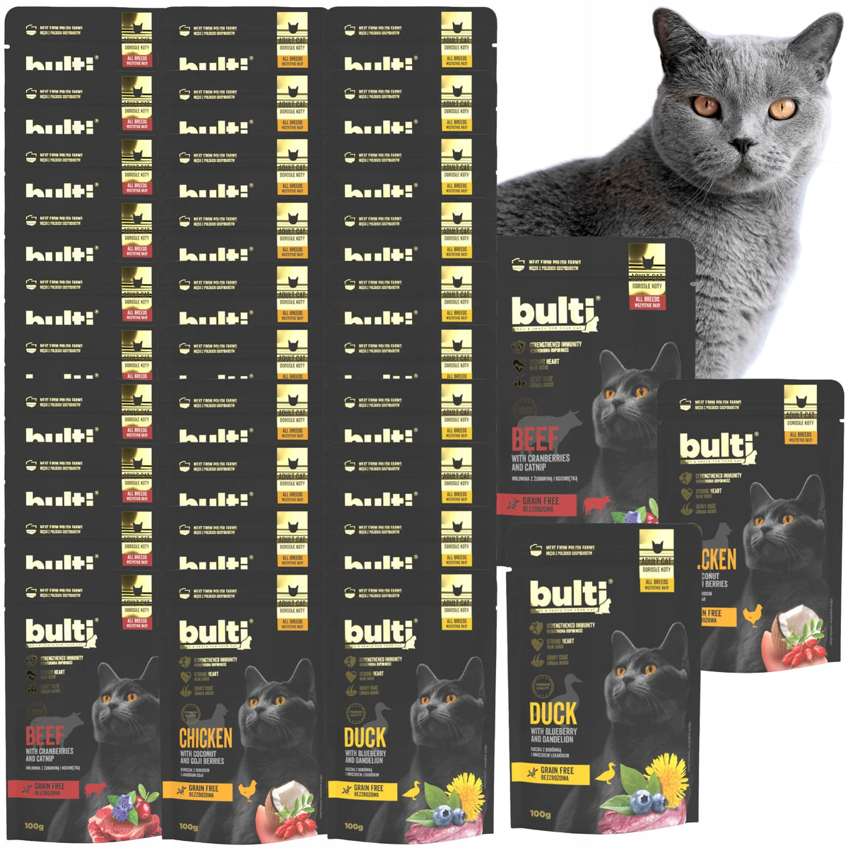 Bulti Superfoods mokra karma dla kota bezzbożowa 30 x 100 g – mix smaków kaczka, kurczak, wołowina