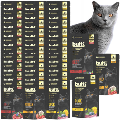 Bulti Superfoods mokra karma dla kota bezzbożowa 30 x 100 g – mix smaków kaczka, kurczak, wołowina
