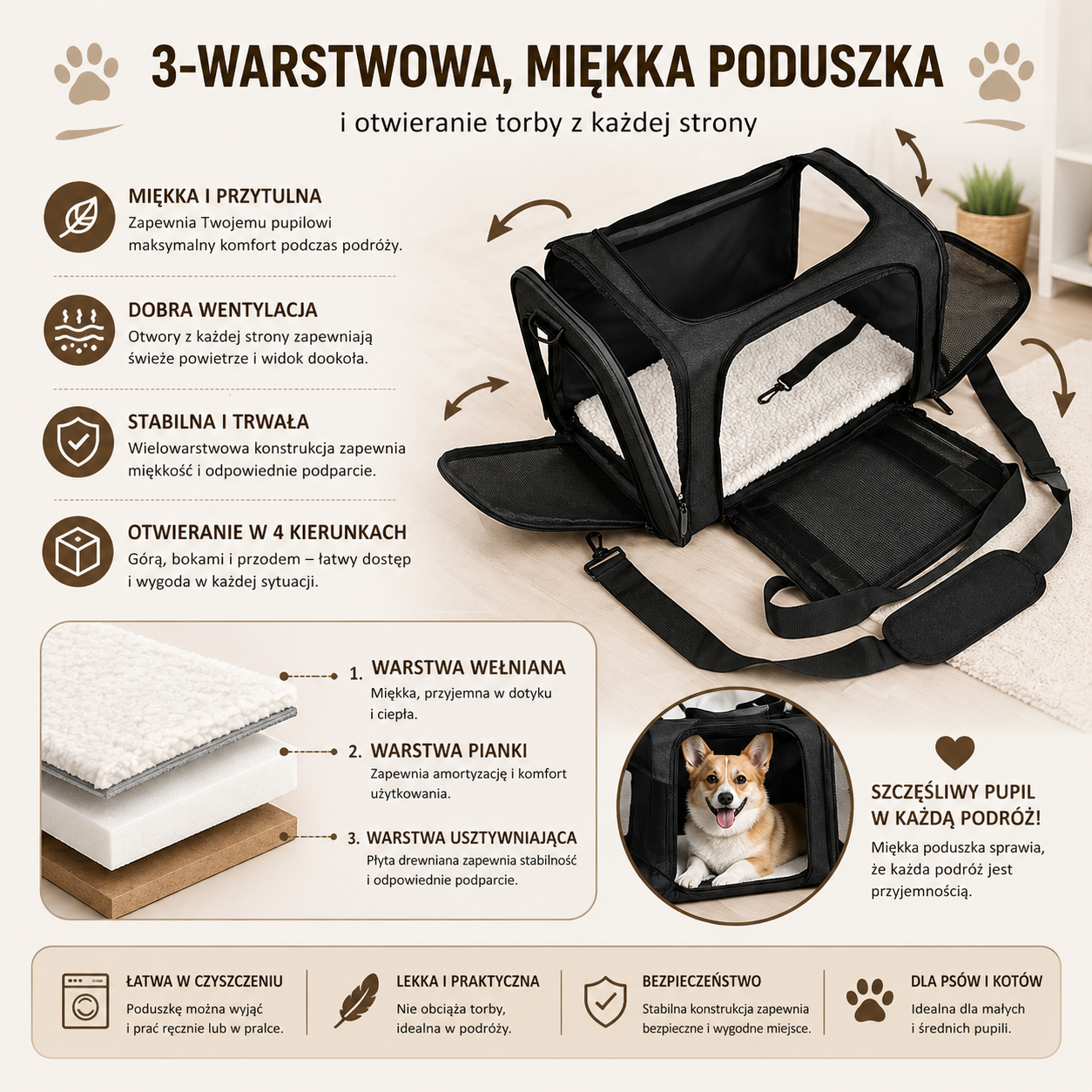 Torba podróżna nylonowa miękka i przewiewna składana dla psa i kota