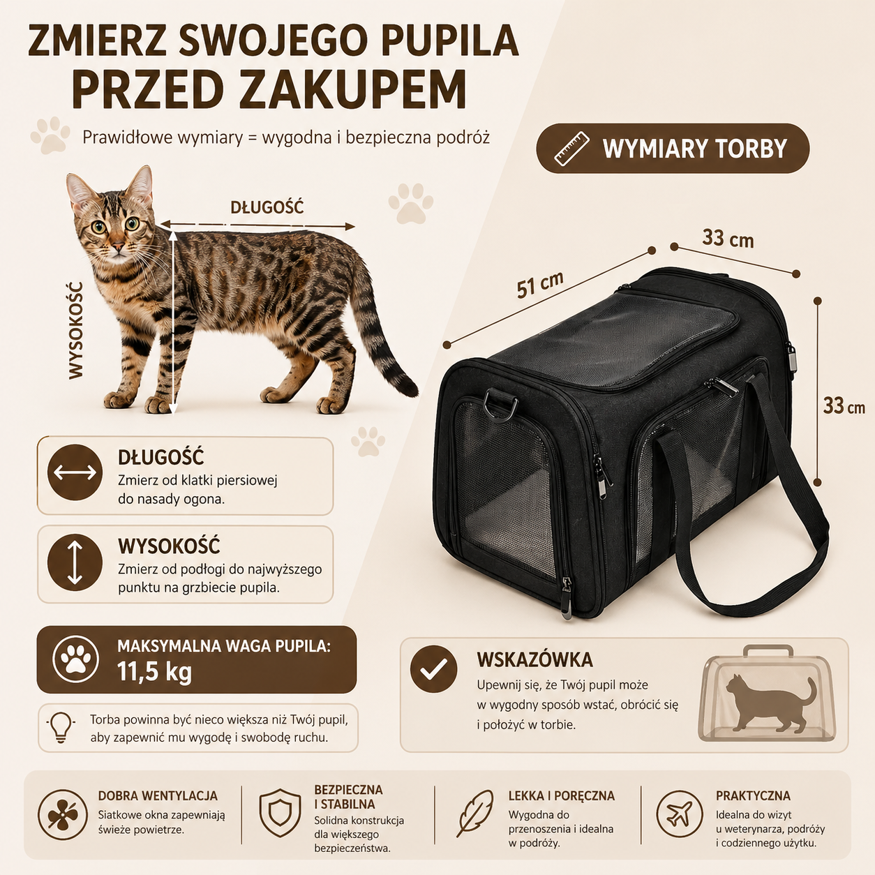Torba podróżna nylonowa miękka i przewiewna składana dla psa i kota