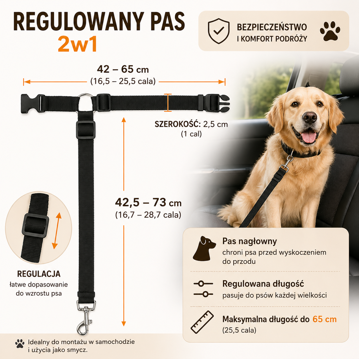 Pas bezpieczeństwa do samochodu regulowany do zagłówka