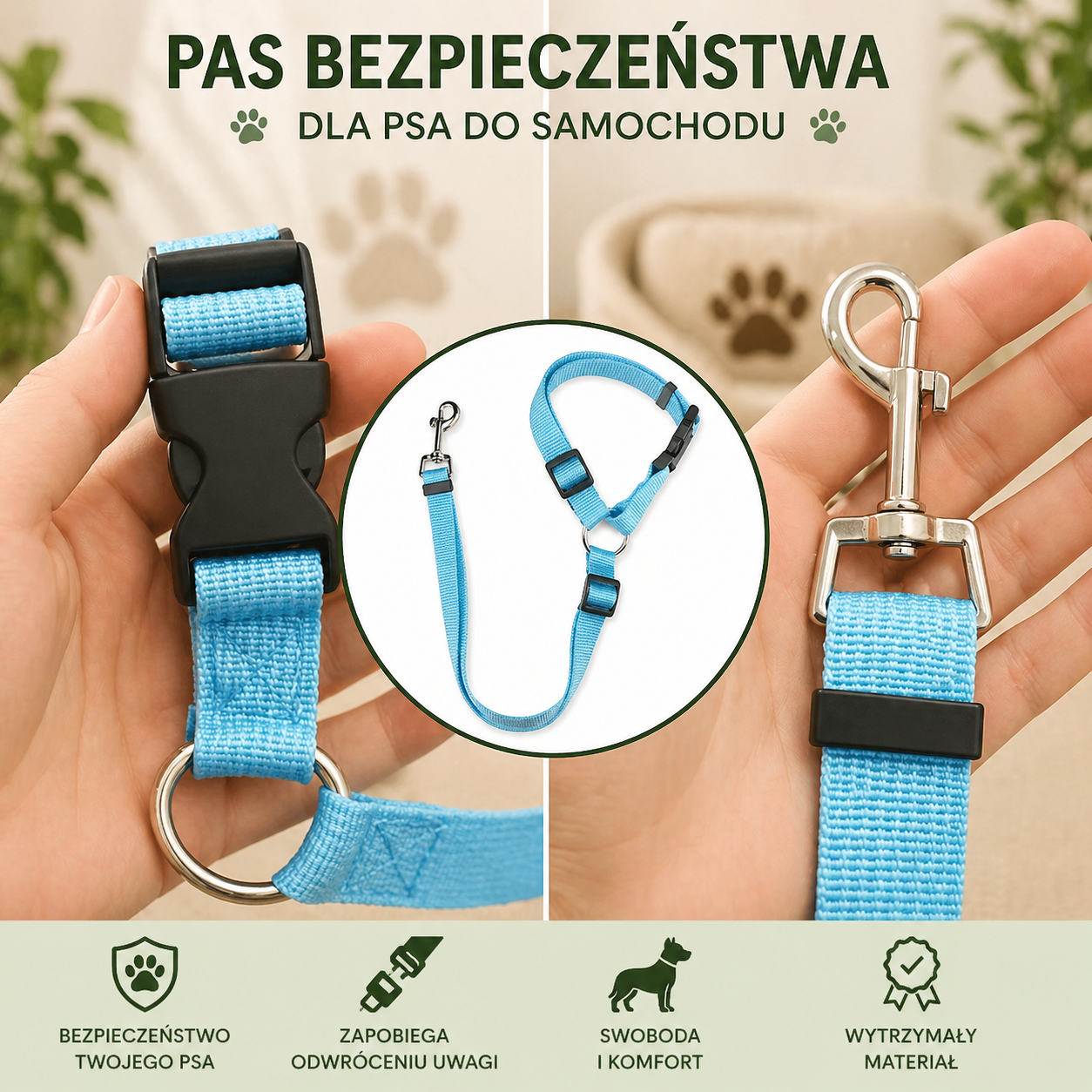 Pas bezpieczeństwa do samochodu regulowany do zagłówka