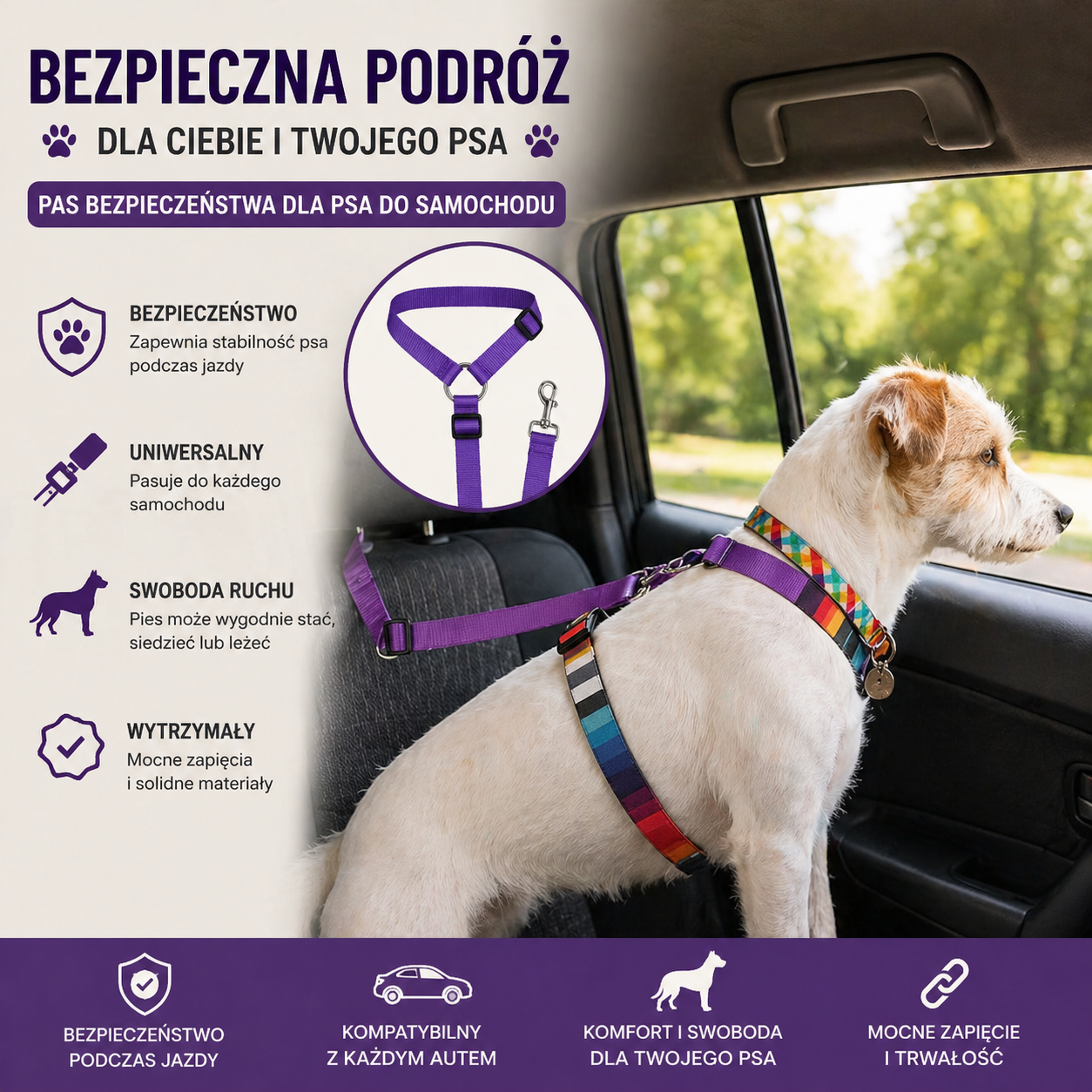 Pas bezpieczeństwa do samochodu regulowany do zagłówka