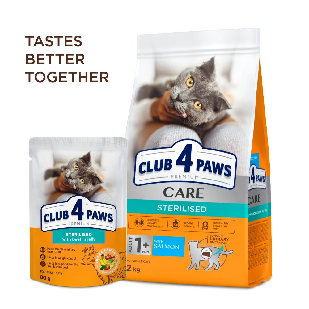 Club 4 Paws sucha karma dla kotów sterylizowanych 2 kg – pełnoporcjowa, z łososiem