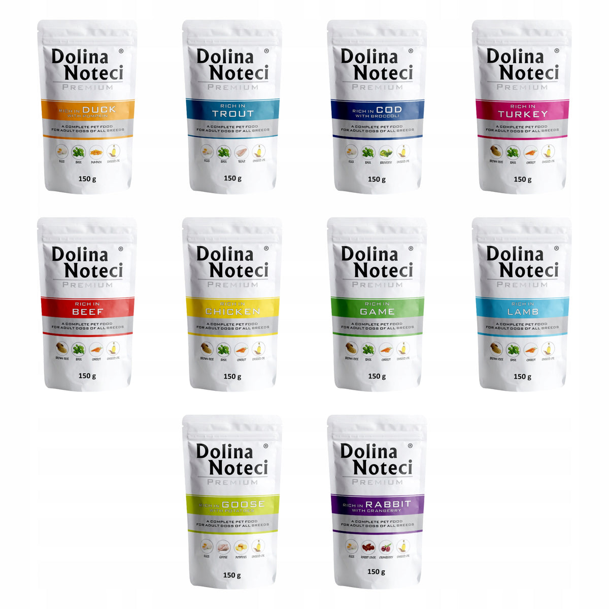 Dolina Noteci Premium mokra karma dla psa 10 x 150 g – bezzbożowa, saszetki mix smaków