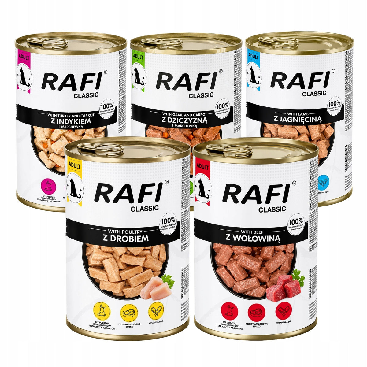 Rafi Classic mokra karma dla psa w puszkach 10 x 1240 g – zestaw mix smaków