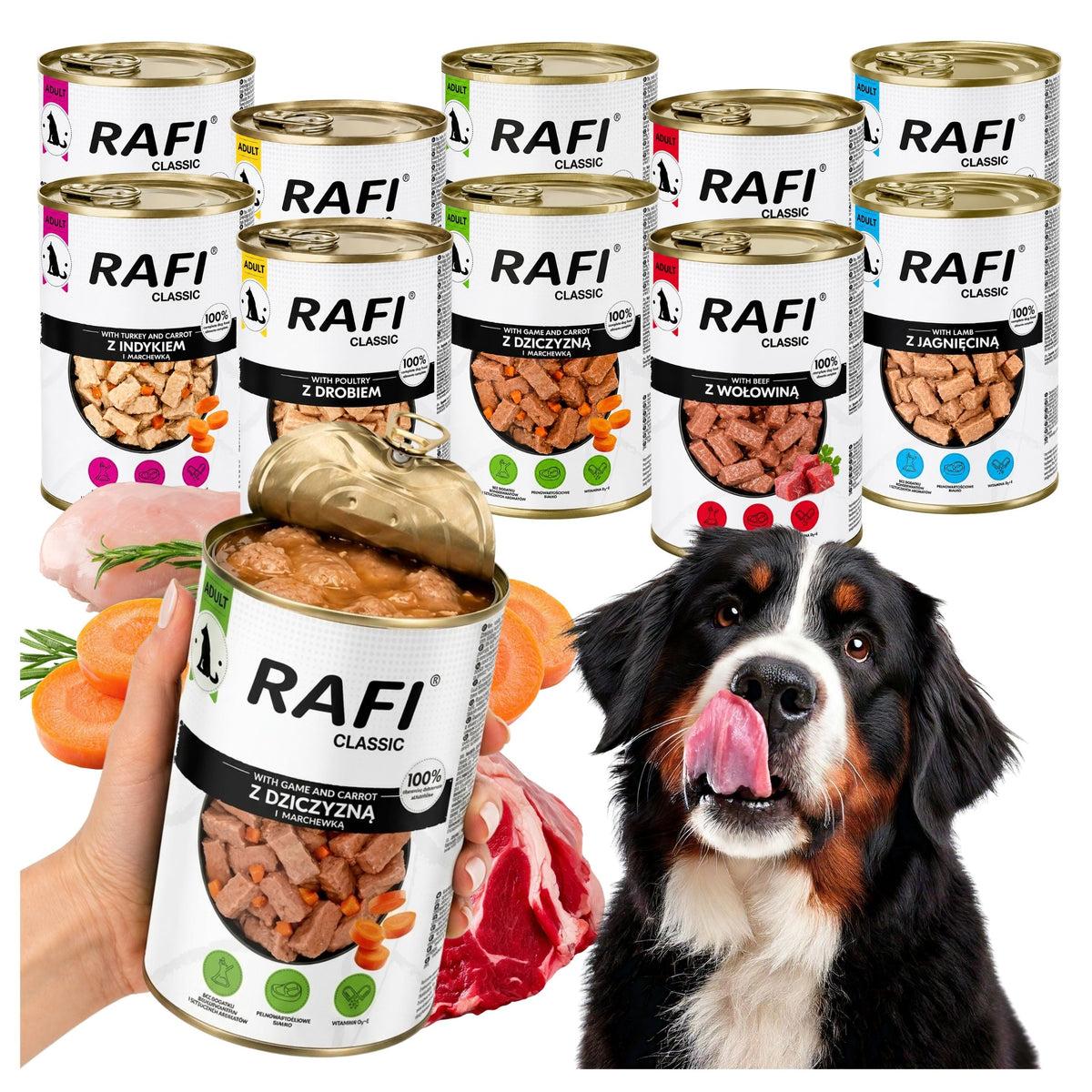 Rafi Classic mokra karma dla psa w puszkach 10 x 1240 g – zestaw mix smaków