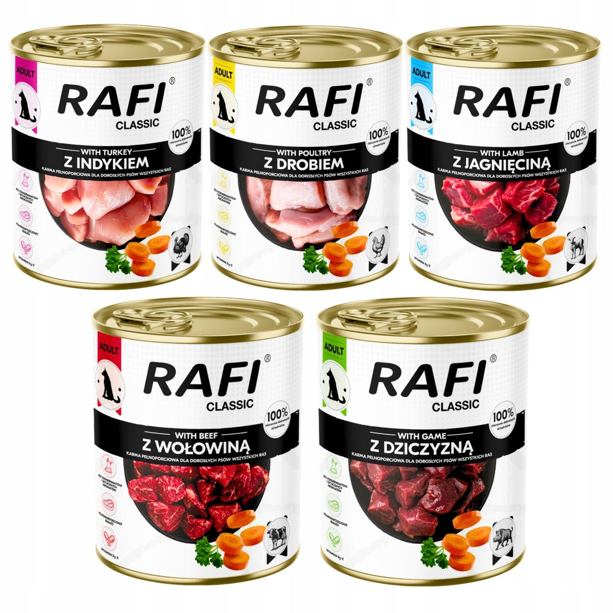 Dolina Noteci Rafi Classic mokra karma dla psa w puszkach 15 x 800 g – mix 5 smaków