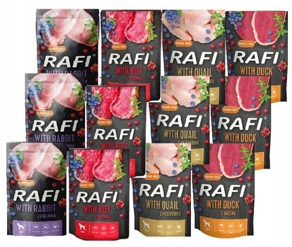 Rafi karma mokra dla psa bezzbożowa 24 x 500 g – saszetki, mix smaków, 12 kg