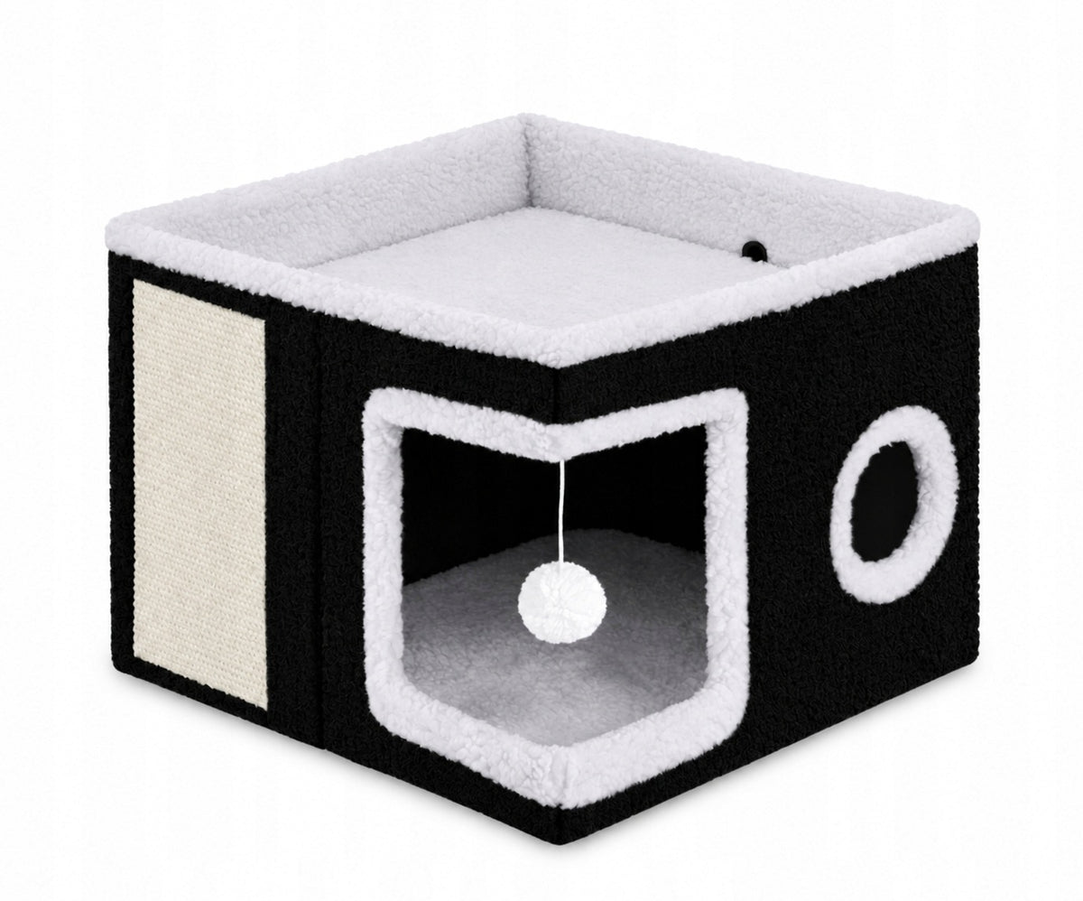Domek dla kota 2w1 z drapakiem sizalowym i legowiskiem 42 x 42 x 35 cm, pluszowy – czarny