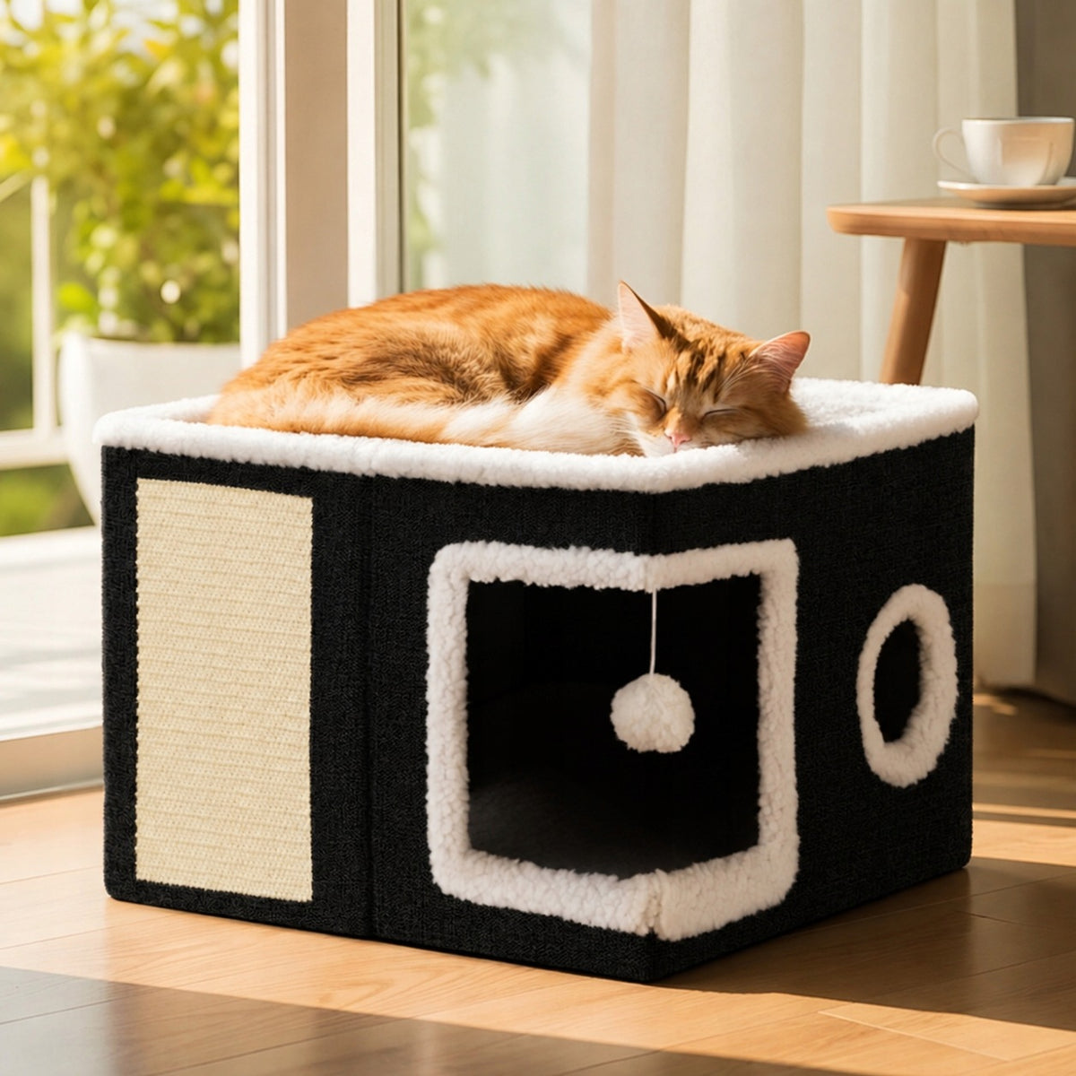 Domek dla kota 2w1 z drapakiem sizalowym i legowiskiem 42 x 42 x 35 cm, pluszowy – czarny