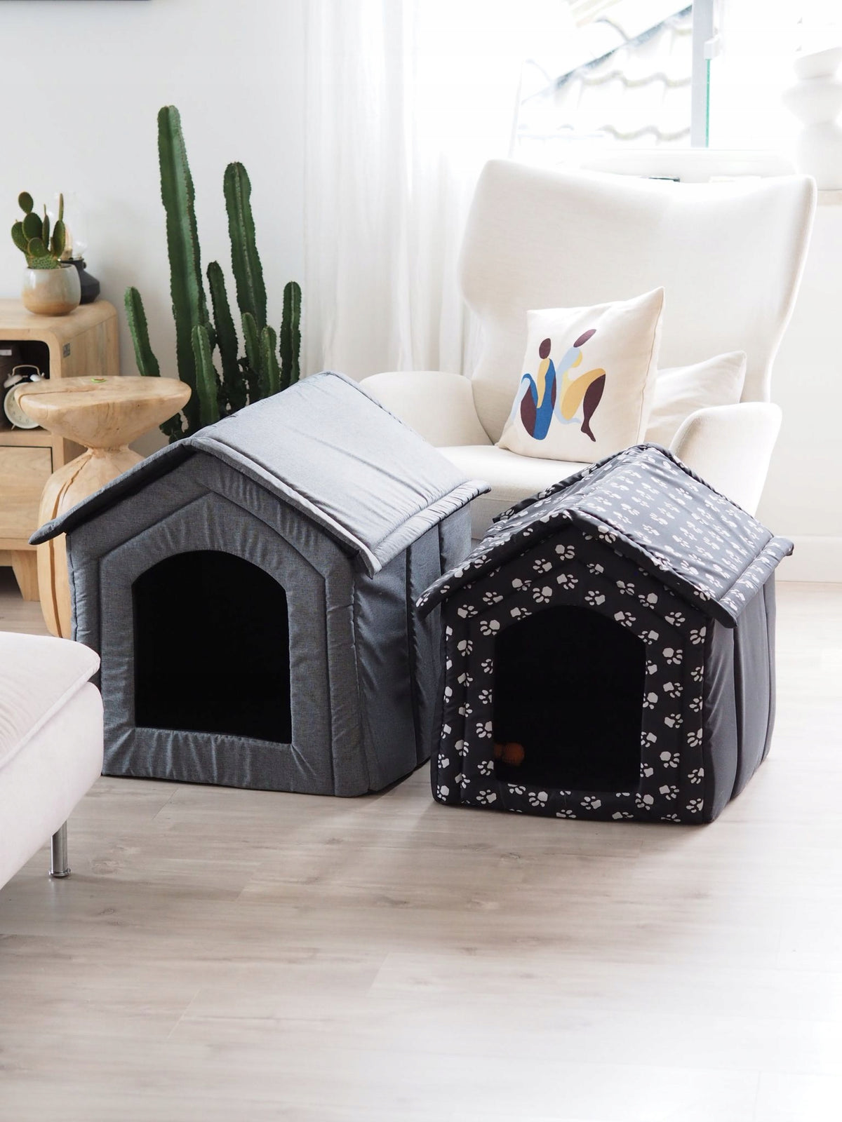 Buda dla psa do domu, legowisko domek XXL 60 x 57 x 64 cm z poduszką – biało-czarna