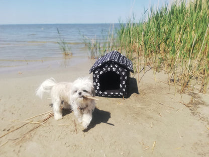 Buda dla psa do domu, legowisko domek XXL 60 x 57 x 64 cm z poduszką – biało-czarna
