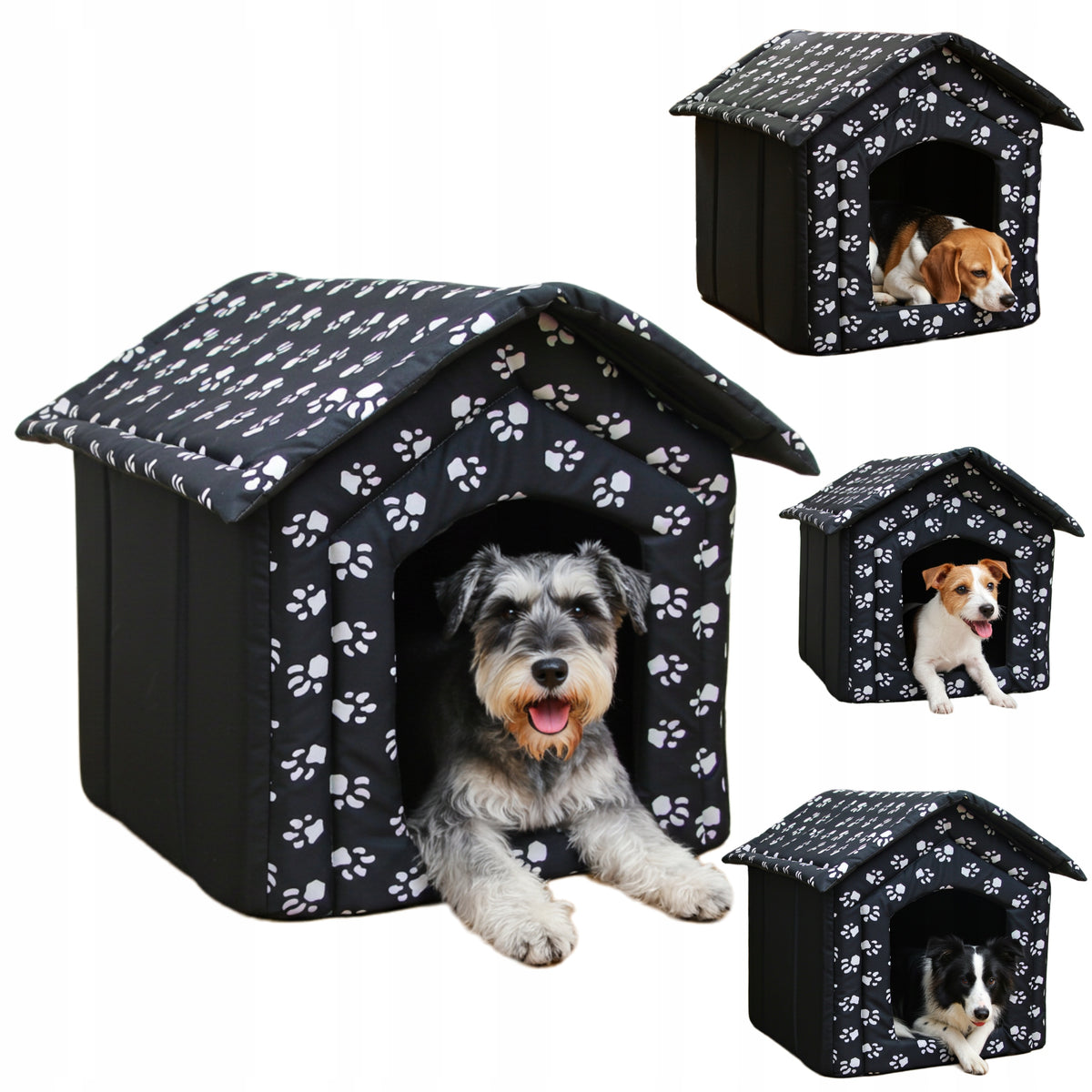 Buda dla psa do domu, legowisko domek XXL 60 x 57 x 64 cm z poduszką – biało-czarna
