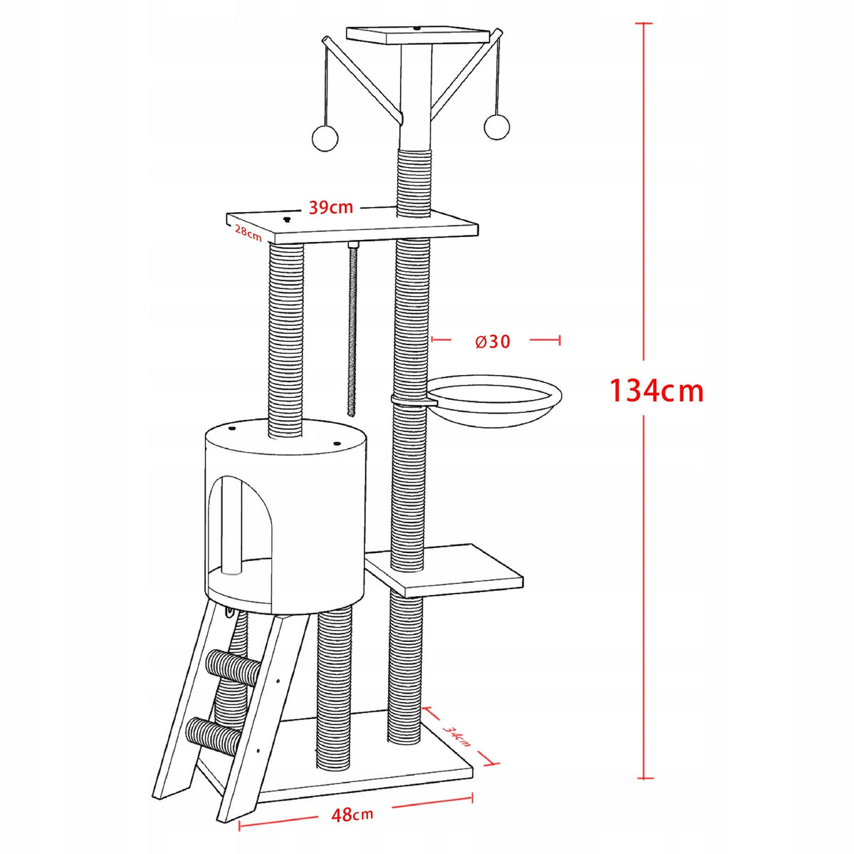 Oh!MyCat Drapak dla kota wysoki 138 cm z domkiem, legowiskiem i sizalem – szary
