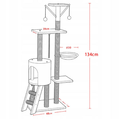 Oh!MyCat Drapak dla kota wysoki 138 cm z domkiem, legowiskiem i sizalem – szary