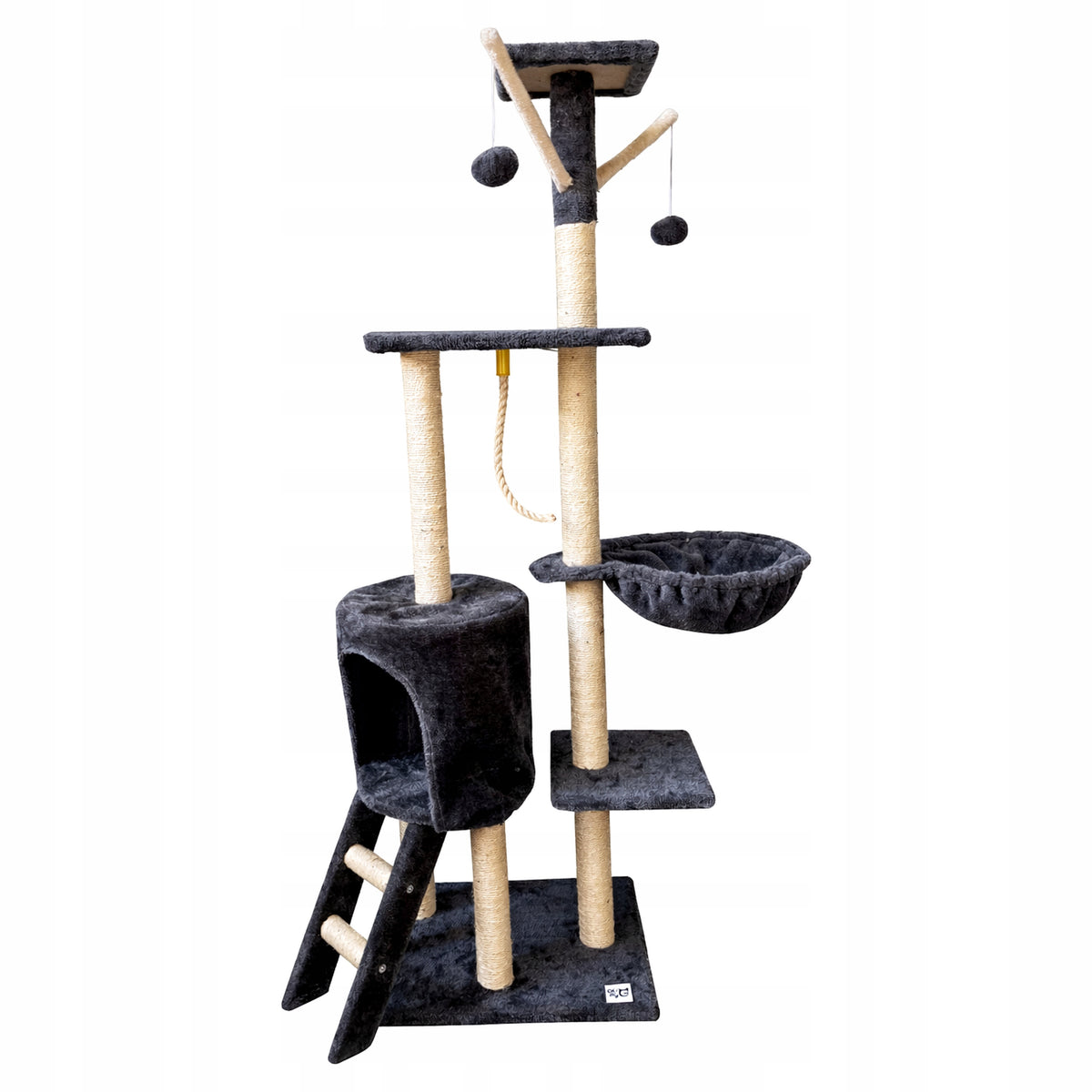 Oh!MyCat Drapak dla kota wysoki 138 cm z domkiem, legowiskiem i sizalem – szary