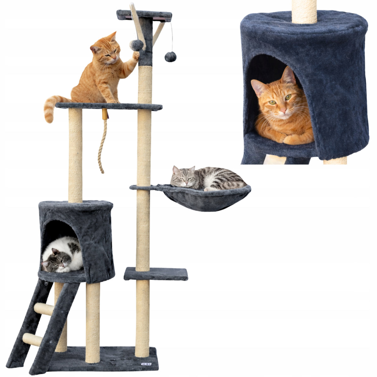 Oh!MyCat Drapak dla kota wysoki 138 cm z domkiem, legowiskiem i sizalem – szary