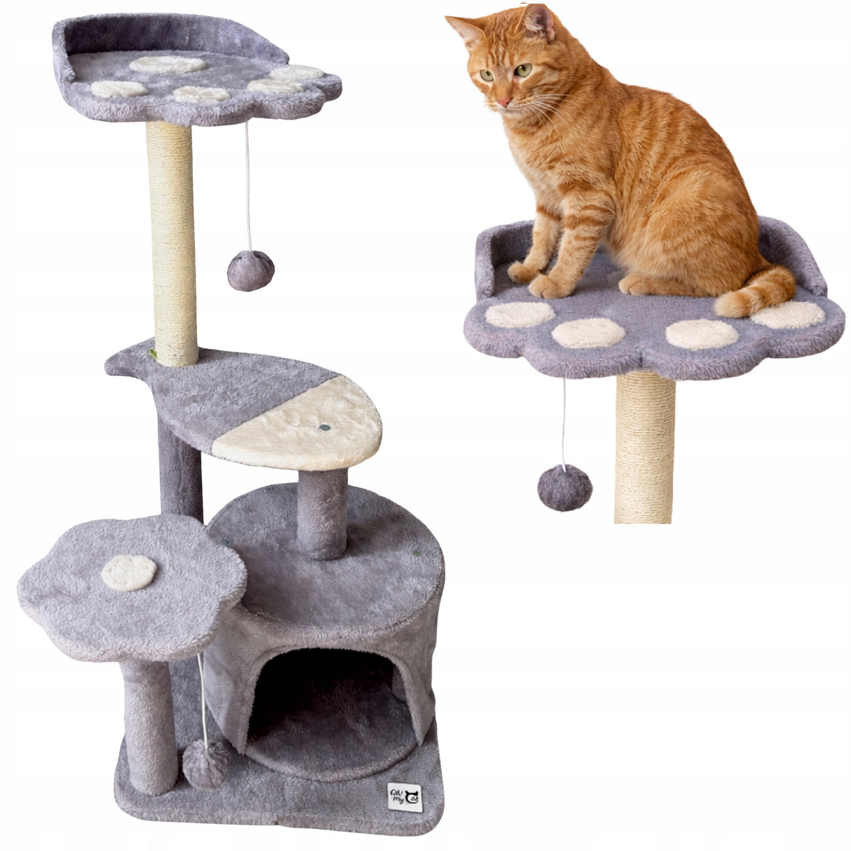Oh!MyCat Drapak dla kota 87 cm – wieża z budką, legowiskiem i słupkami z sizalu