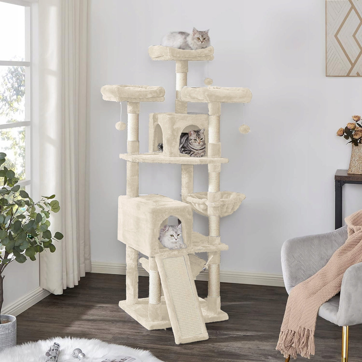 Drapaczek Drapak dla kota wysoki 164 cm z 2 domkami, hamakiem i 3 platformami – beżowy