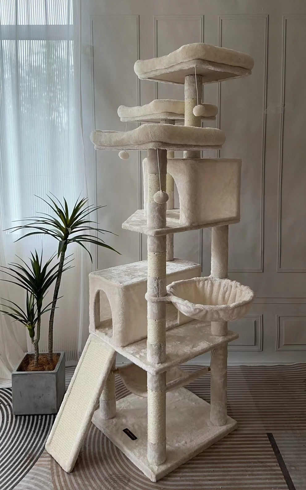 Drapaczek Drapak dla kota wysoki 164 cm z 2 domkami, hamakiem i 3 platformami – beżowy